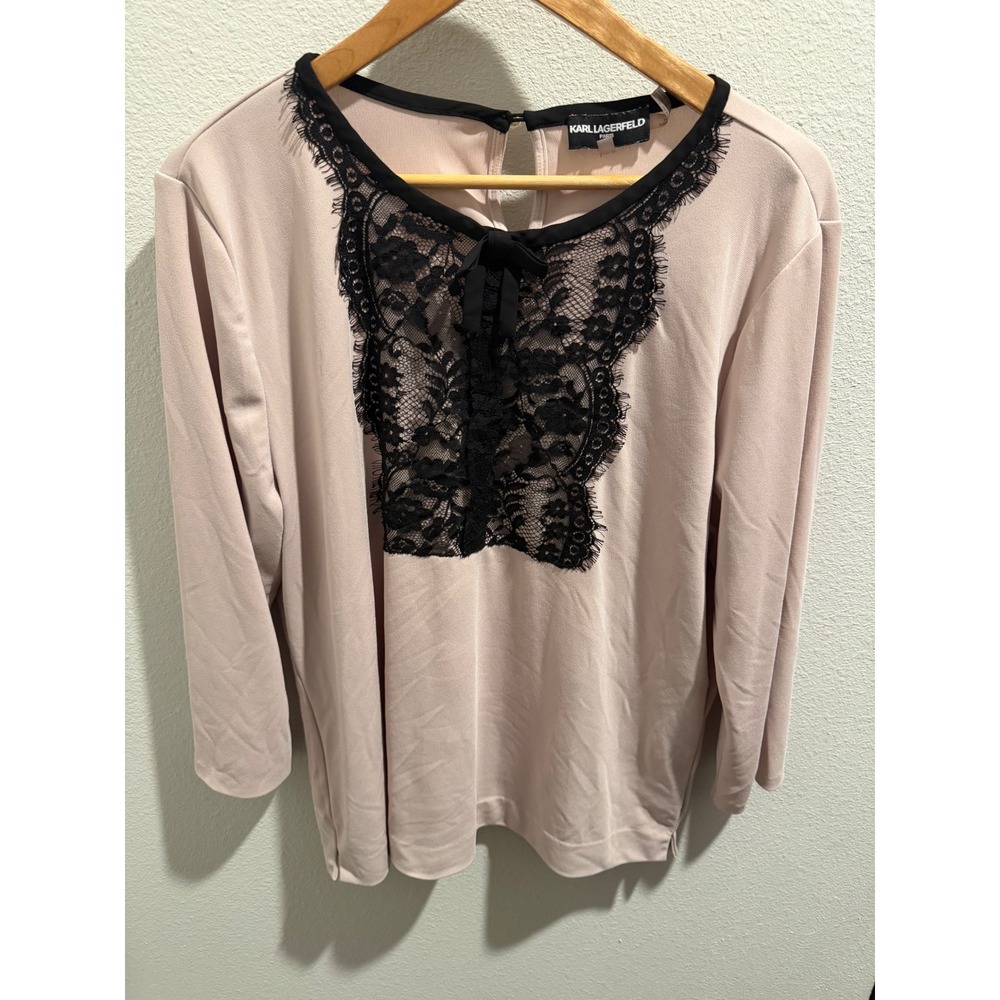 Karl Lagerfeld Paris Pink Lace Bib Bow Blouse 3/4 Sleeve XL